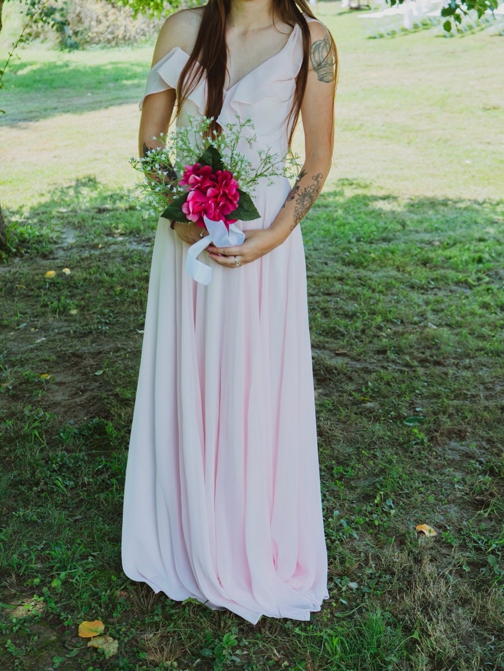 Tulle & Chantilly Blush Pink Ruffle Chiffon Maxi Bridesmaid Dress Size 4